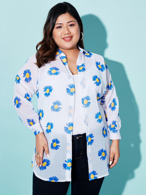 Georgette Relaxed Fit Floral Print Women Plus Size Casual Long Shirt-3053PLUS