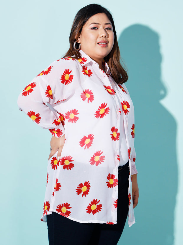 Georgette Boxy Fit Floral Print Women Plus Size Casual Long Shirt-3052PS