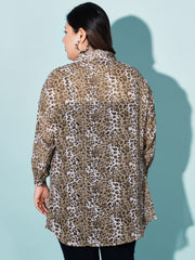 Leopard Print Boxy Fit Georgette Plus Size Casual Women Long Shirt-3064PLUS
