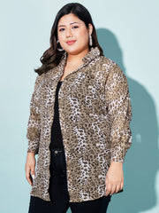Leopard Print Boxy Fit Georgette Plus Size Casual Women Long Shirt-3066PLUS