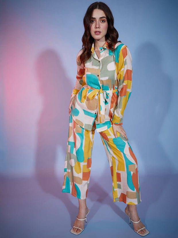 Geometric Print Colorful Rayon Women's 2 Piece Outfits |Shirt Palazzo Set| Co-Ord Set-3334N1