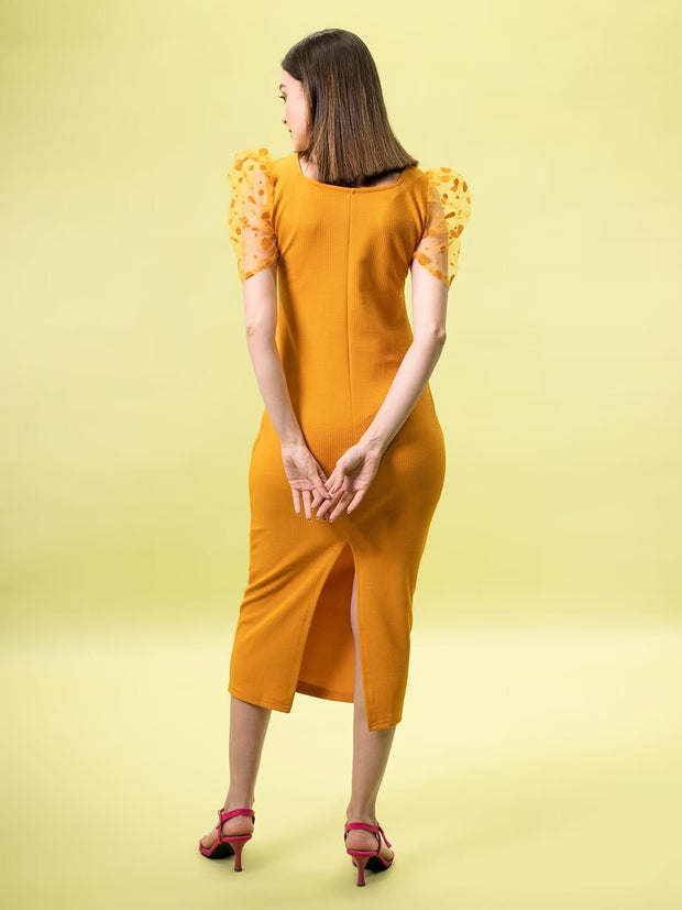 Yellow Polka Dot Mesh Puff Sleeve Women Bodycon Dress-3253OS