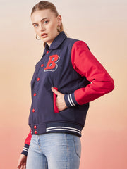 Long Sleeve Buttoned Women Varsity Jacket-3363