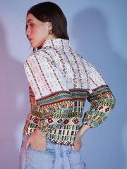 Poly Cotton White Red Bubble Sleeve Tribal Printed Women Shirt-3326N1