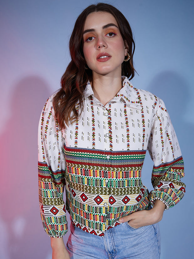 Poly Cotton White Red Bubble Sleeve Tribal Printed Women Shirt-3326N1