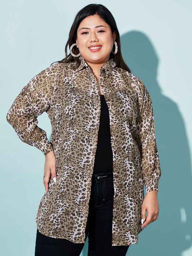 Leopard Print Boxy Fit Georgette Plus Size Casual Women Long Shirt-3064PLUS
