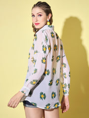 Boxy Fit Georgette Floral Print Women Long Shirt-3053-3053