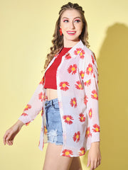 Boxy Fit Georgette Floral Print Women Long Shirt-3053-3053