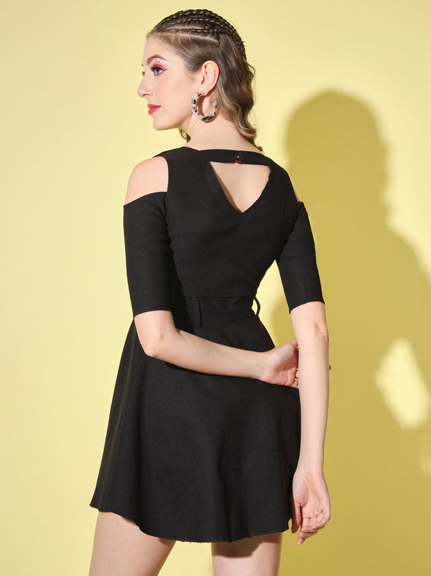 Black Shoulder-Cut Cotton Lycra Short Party Dress-1903B