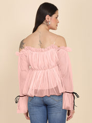 Light Pink Off Shoulder Soft Net Top For Women-2608