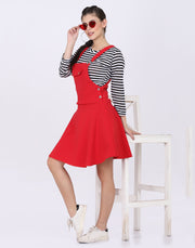 Red Dungaree Skirt with Striped Top-2024