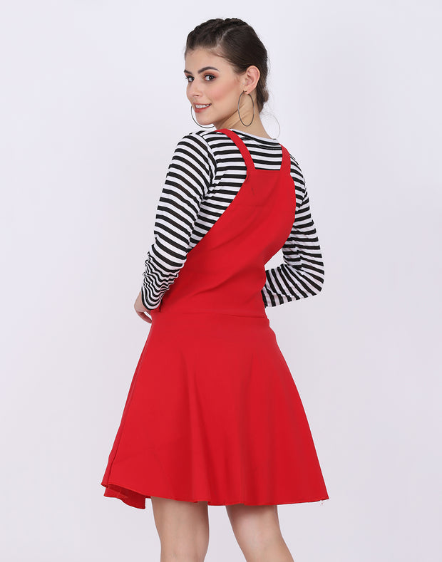 Red Dungaree Skirt with Striped Top-2024