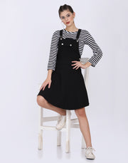 Black Dungaree Skirt with Striped Top Midi Dress-2025