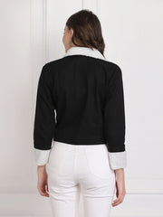 Black Twill Denim Comfort Fit Women Fur Jacket-2734