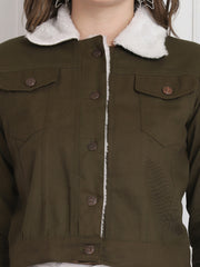 Dark Green Twill Denim Comfort Fit Women Fur Jacket-2736