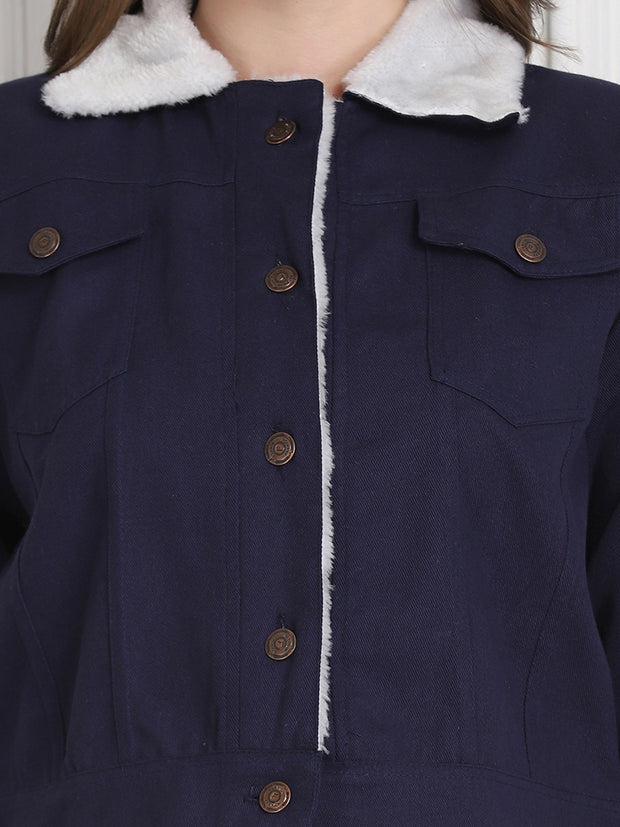 Navy Twill Denim Comfort Fit Women Fur Jacket-2738