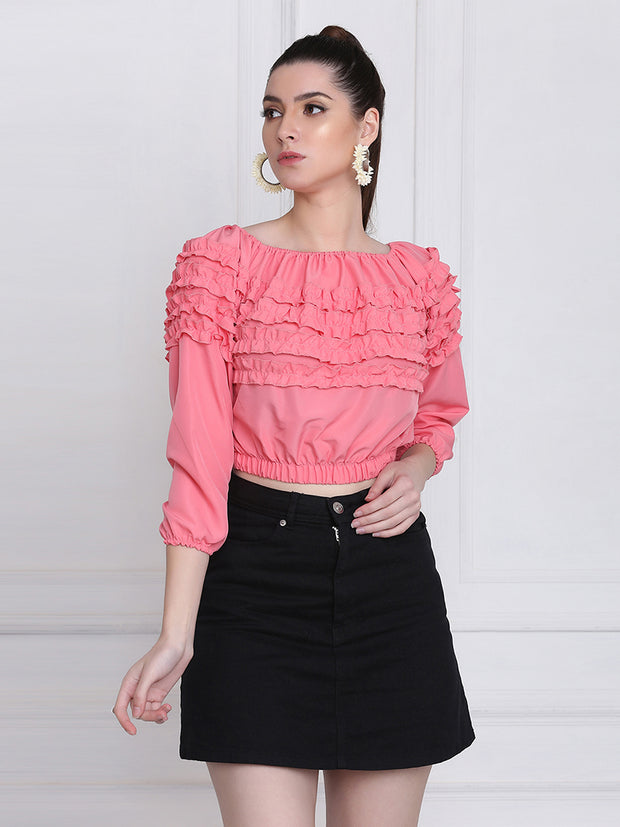 Pink Stretchable Crepe Frill Crop Top-2769