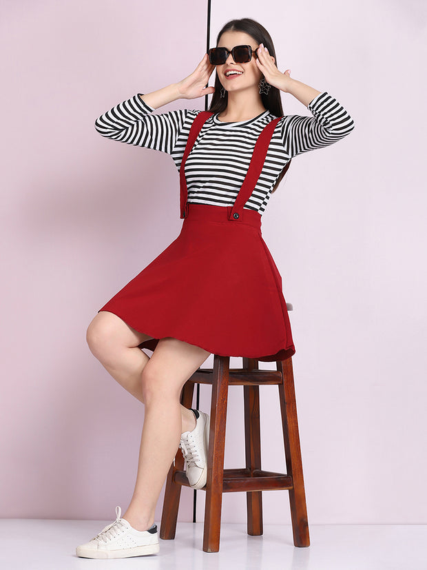 Maroon Cotton Lycra Solid Pinafore Skirt-2637