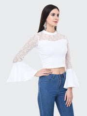 White Flared Fashion Sleeve Carrera Lace Top-2058
