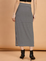 Cotton Blend Women Houndstooth Midi Pencil Skirt with Side Slit-3588