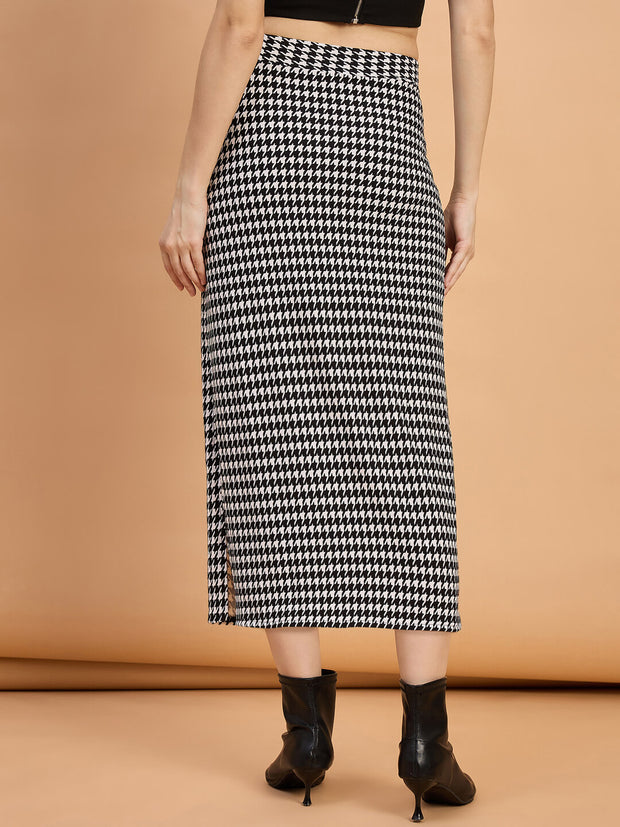 Cotton Blend Women Houndstooth Midi Pencil Skirt with Side Slit-3588