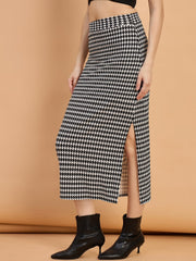 Cotton Blend Women Houndstooth Midi Pencil Skirt with Side Slit-3588