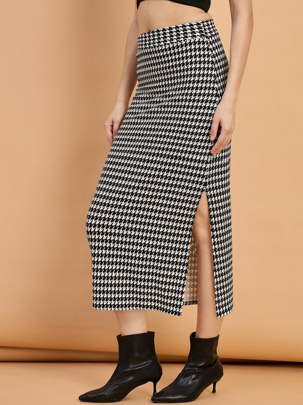Cotton Blend Women Houndstooth Midi Pencil Skirt with Side Slit-3588