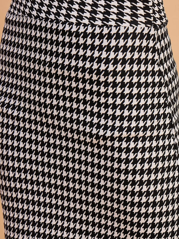 Cotton Blend Women Houndstooth Midi Pencil Skirt with Side Slit-3588