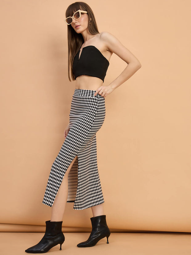 Cotton Blend Women Houndstooth Midi Pencil Skirt with Side Slit-3588
