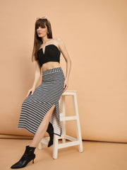 Cotton Blend Women Houndstooth Midi Pencil Skirt with Side Slit-3588
