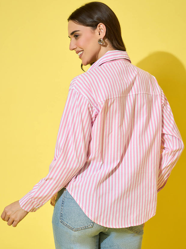 Women’s Striped Cotton Oversized Long Sleeve Button-Down Shirt-3575-3575