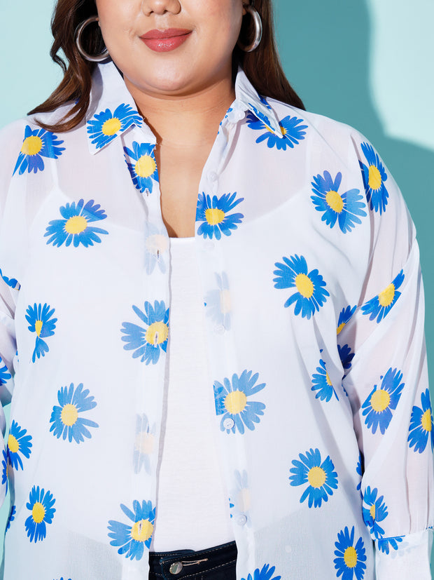 Georgette Relaxed Fit Floral Print Women Plus Size Casual Long Shirt-3050PLUS