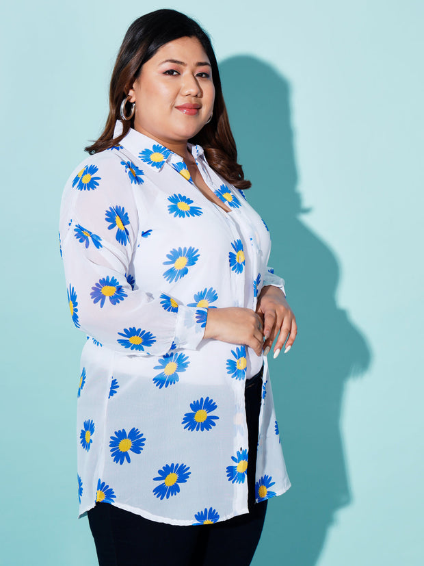 Georgette Relaxed Fit Floral Print Women Plus Size Casual Long Shirt-3051PLUS