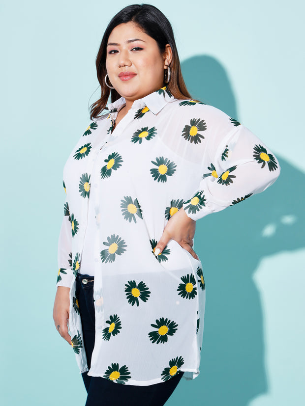 Georgette Relaxed Fit Floral Print Women Plus Size Casual Long Shirt-3050PLUS