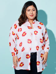 Georgette Boxy Fit Floral Print Women Plus Size Casual Long Shirt-3050PLUS