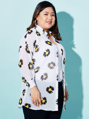 Georgette Boxy Fit Floral Print Women Plus Size Casual Long Shirt-3051PLUS