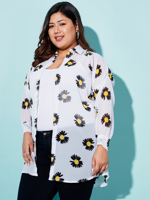 Georgette Boxy Fit Floral Print Women Plus Size Casual Long Shirt-3050PLUS