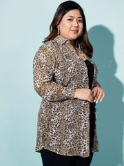 Leopard Print Georgette Plus Size Casual Women Long Shirt-3189PLUS