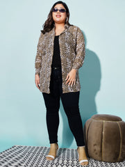 Leopard Print Georgette Plus Size Casual Women Long Shirt-3189PLUS