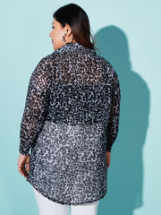 Leopard Print Georgette Plus Size Casual Women Long Shirt-3064PLUS