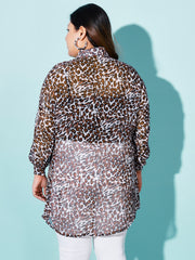 Leopard Print Georgette Plus Size Casual Women Long Shirt-3064PLUS