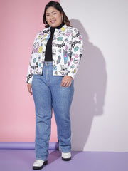 White Toko Twill Plus Size Printed Women Jacket-3082PLUS