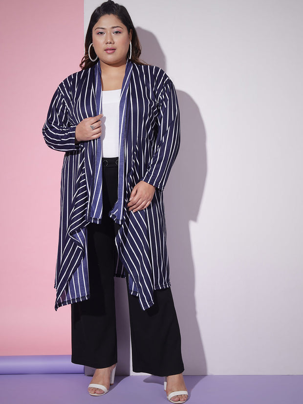 Lycra Striped Longline Plus Size Women Shrug-3250PLUS