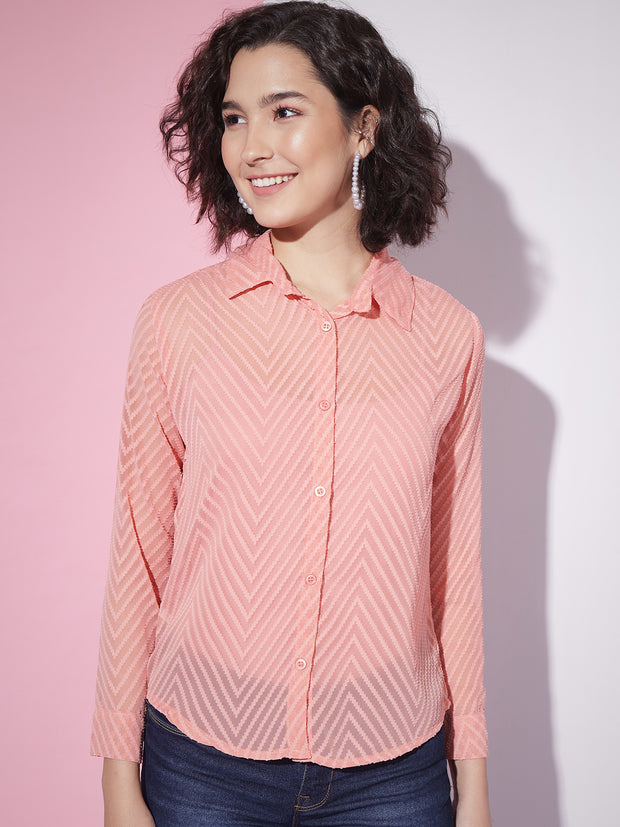 Chiffon Self Design Button Front Women Casual Shirt-3302