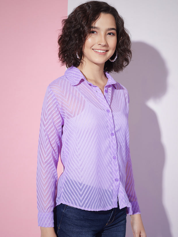 Chiffon Self Design Button Front Women Casual Shirt-3302