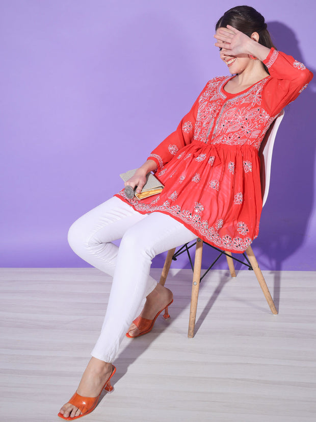 Women Lucknowi Chikankari Hand Work Mirror Kurti-3169