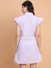 Striped Women A-Line Cotton Collar Dress with Button Front and Ruffle Sleeves-3587-3587