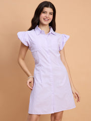 Striped Women A-Line Cotton Collar Dress with Button Front and Ruffle Sleeves-3587-3587