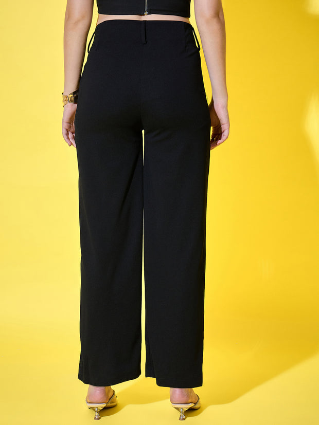 High-Waist Black Women’s Formal Pleated Trousers with Wide Legs-3552