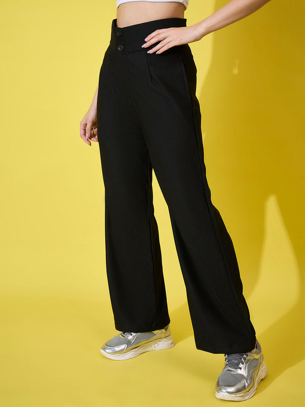 Cotton Ribbed Non-Stretchable Women’s Trouser Pant with High Waist-3593-3593
